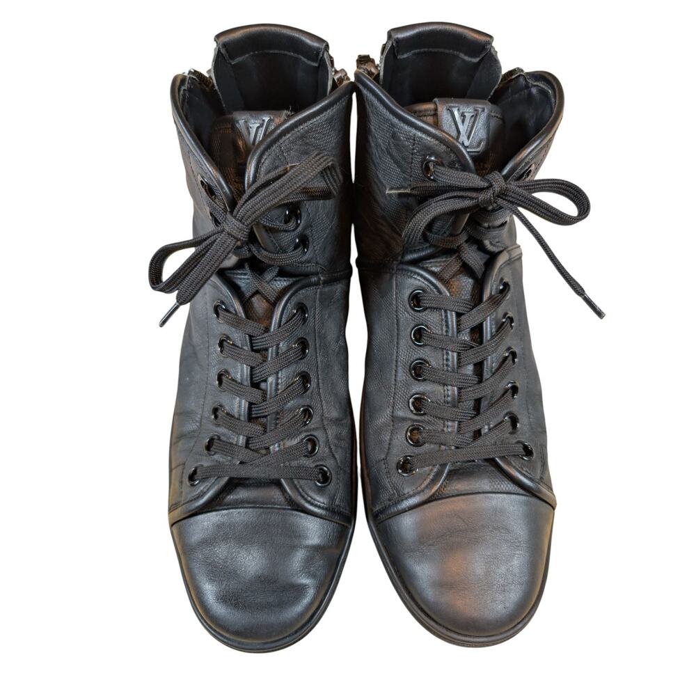 LOUIS VUITTON LV Damier High Top Sneakers Double Zip Black 9.5 Lace Up - Picture 4 of 14